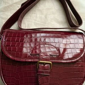 J. Crew Factory Burgundy Faux-Croc Crossbody Bag with Buckle Flap